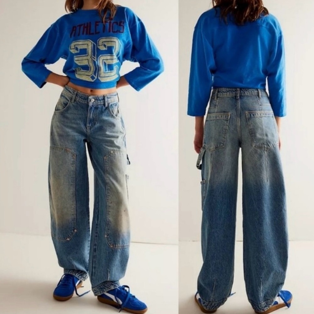 Free People Vintage Wash Wide Leg Jeans - Blue